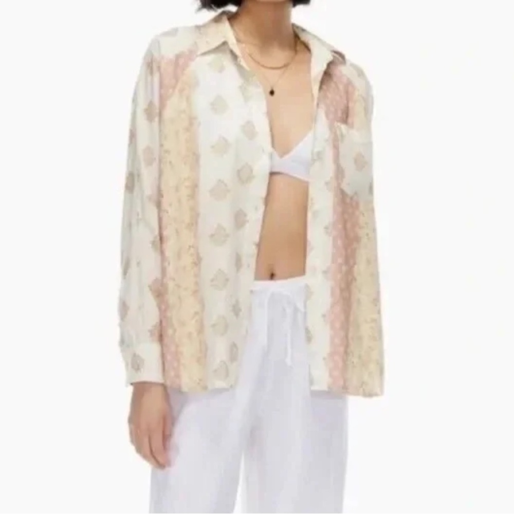 Wilfred Free Aritzia Boyfriend Linen Patchwork Shirt - Picture 2 of 5